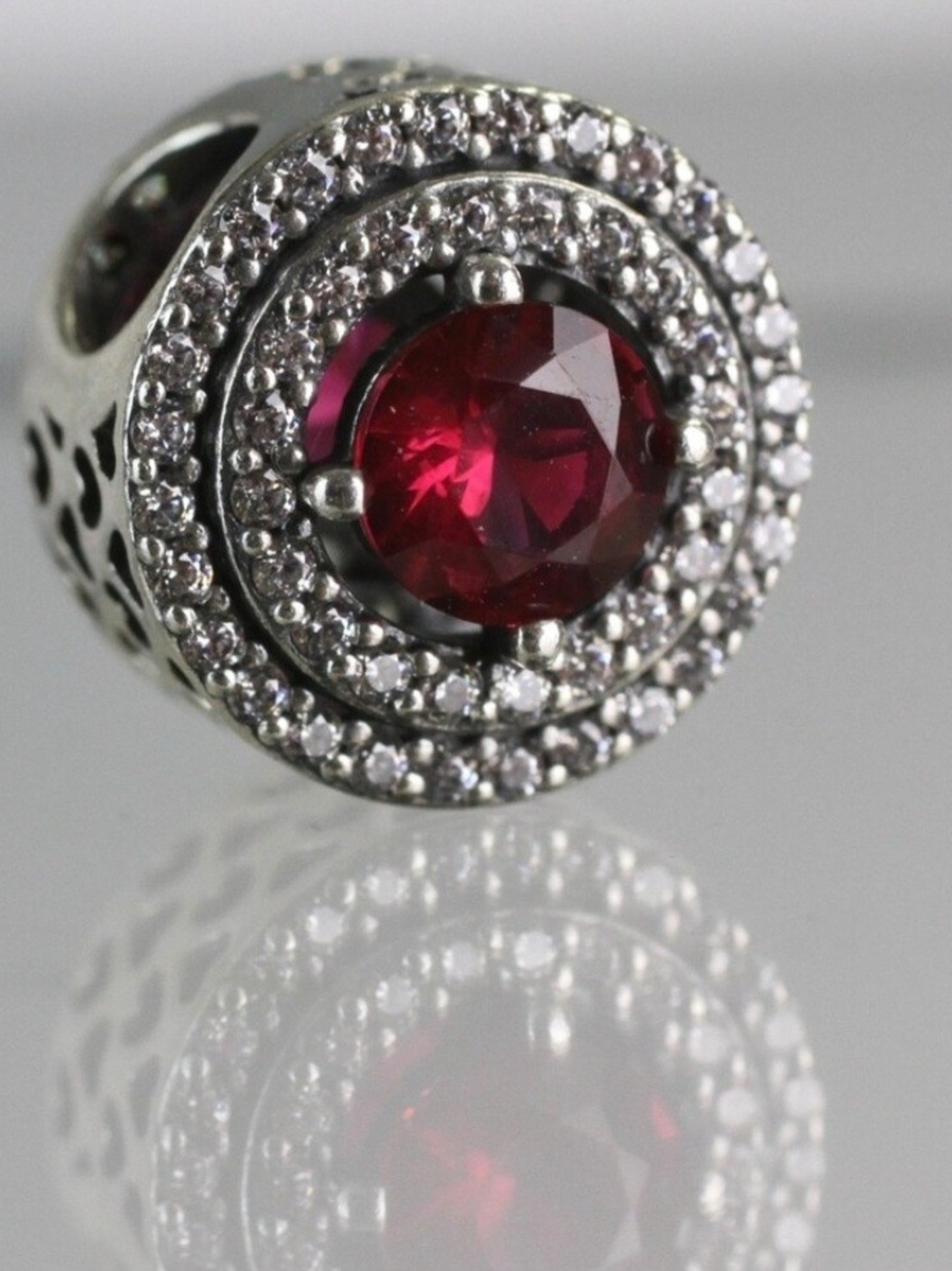 Pandora Silver Charm with Deep Ruby Red Stone and Clear Crystals